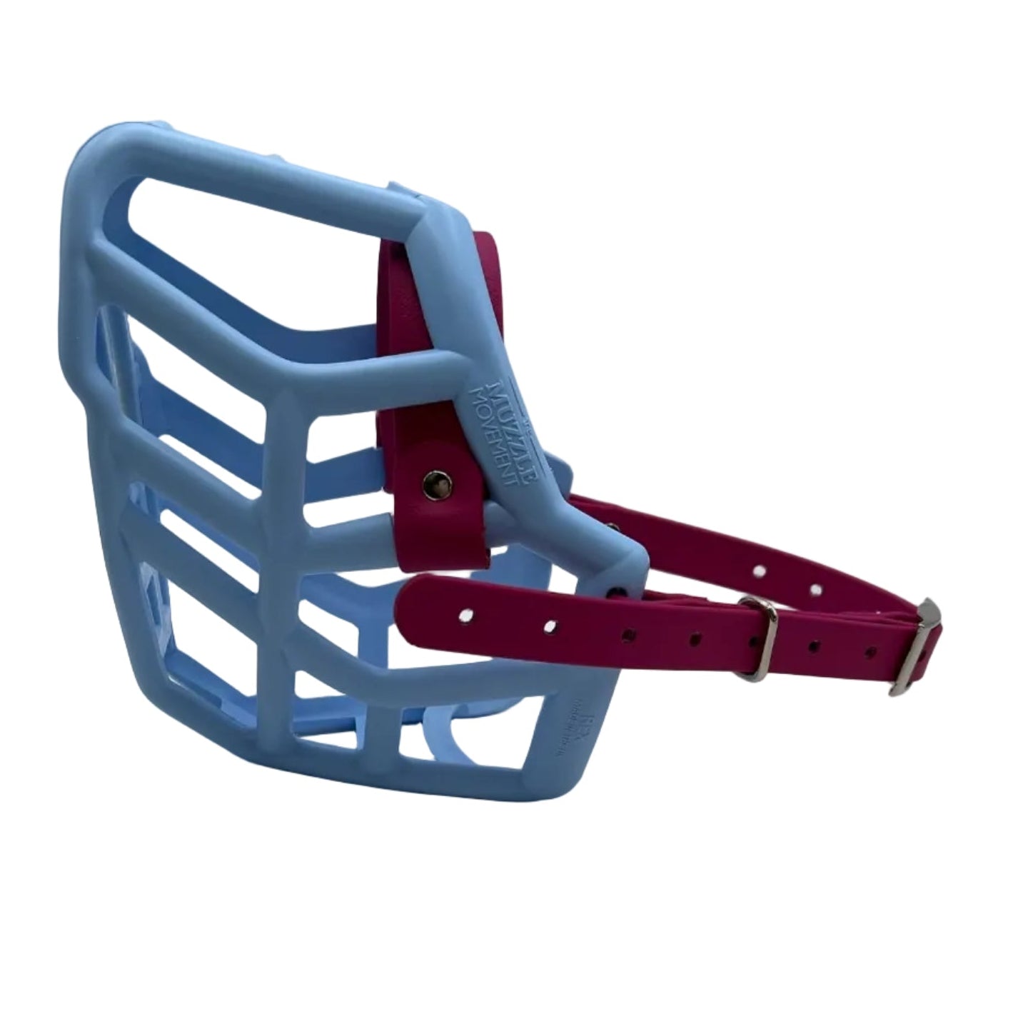 The Muzzle Movement baby blue rex dog muzzle with magenta straps and nickle hardware on a white background