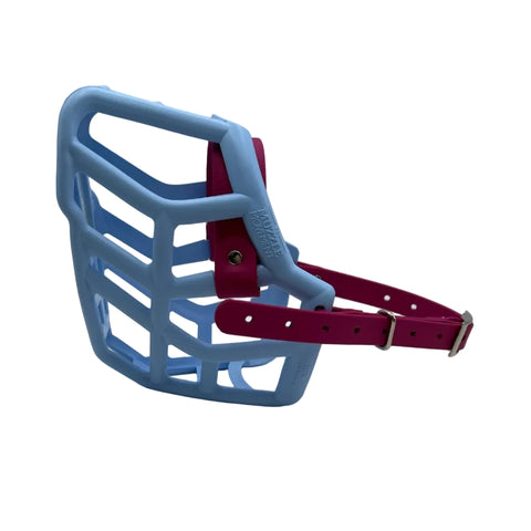 The Muzzle Movement baby blue rex dog muzzle with magenta straps and nickle hardware on a white background