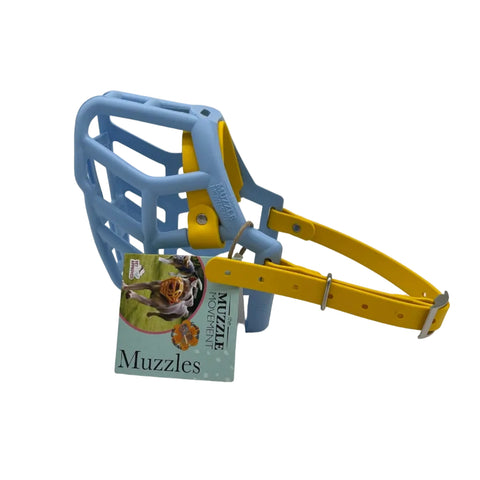 The Muzzle Movement baby blue rex dog muzzle with yellow straps and nickle hardware on a white background