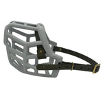The Muzzle Movement grey Tolly dog muzzle with military olive straps and brass hardware on a white background