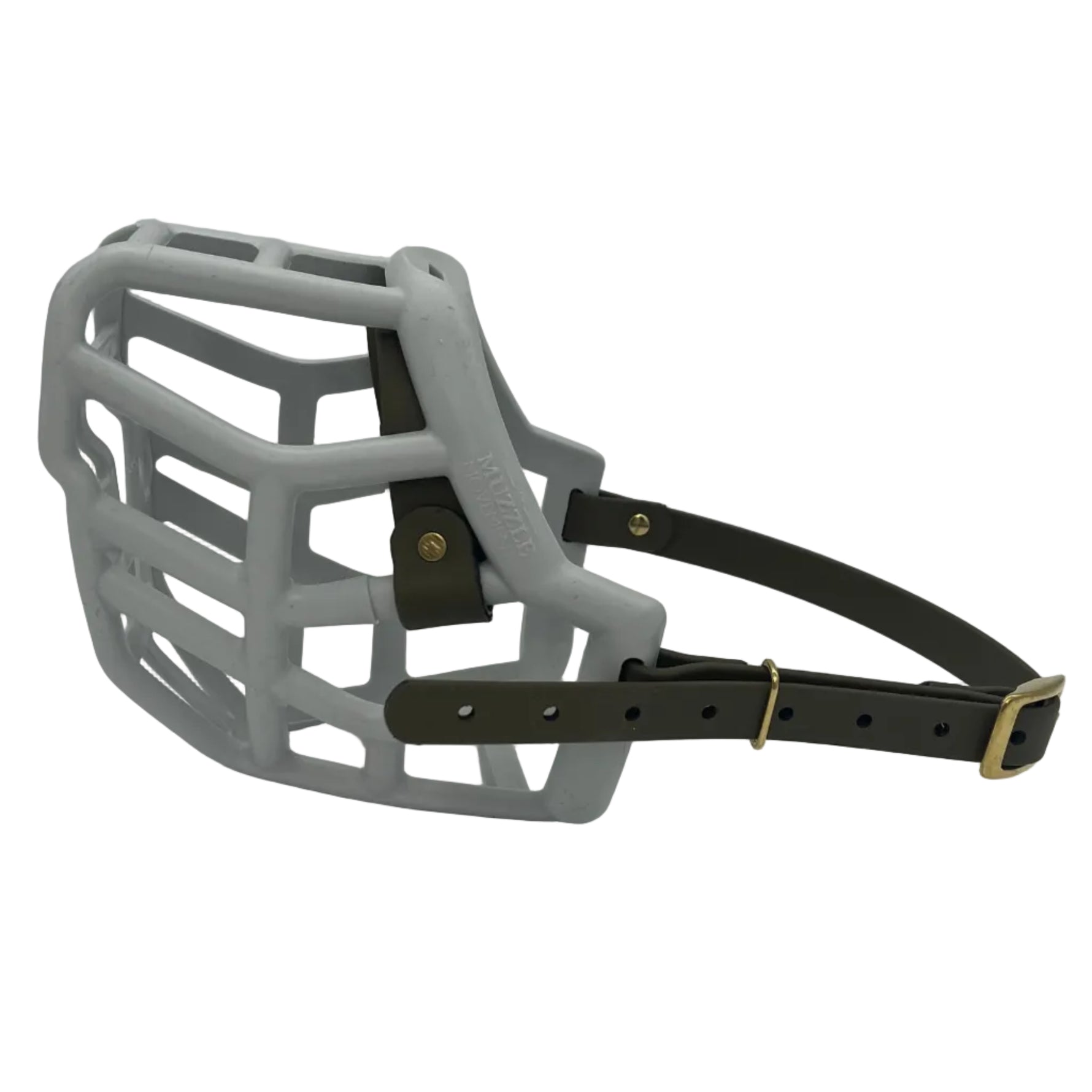The Muzzle Movement grey Tolly dog muzzle with military olive straps and brass hardware on a white background