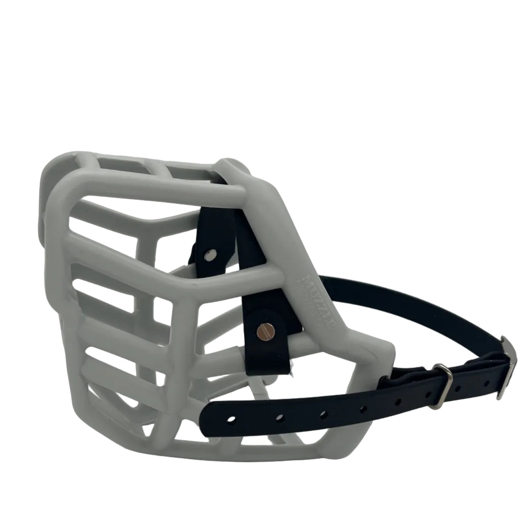 The Muzzle Movement grey tolly dog muzzle with black straps, nickle hardware and chicago screws on a white background