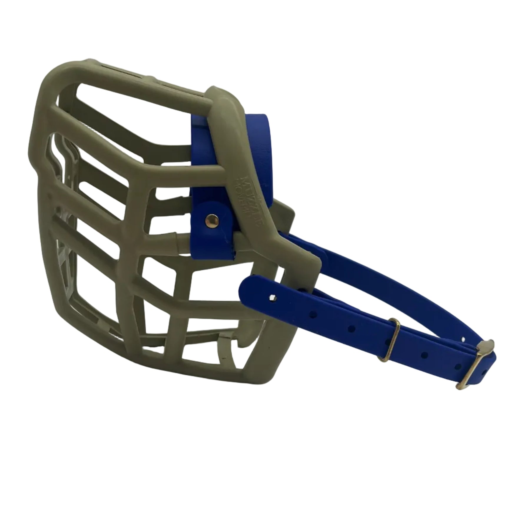 The Muzzle Movement khaki Neli* dog muzzle with dark blue straps and brass hardware on a white background