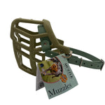 The Muzzle Movement khaki Neli dog muzzle with sage green straps and nickle hardware on a white background