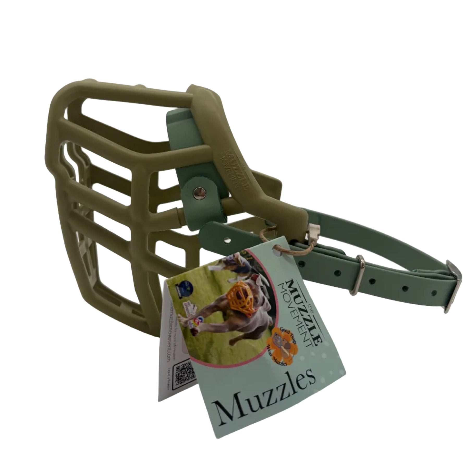 The Muzzle Movement khaki Neli dog muzzle with sage green straps and nickle hardware on a white background