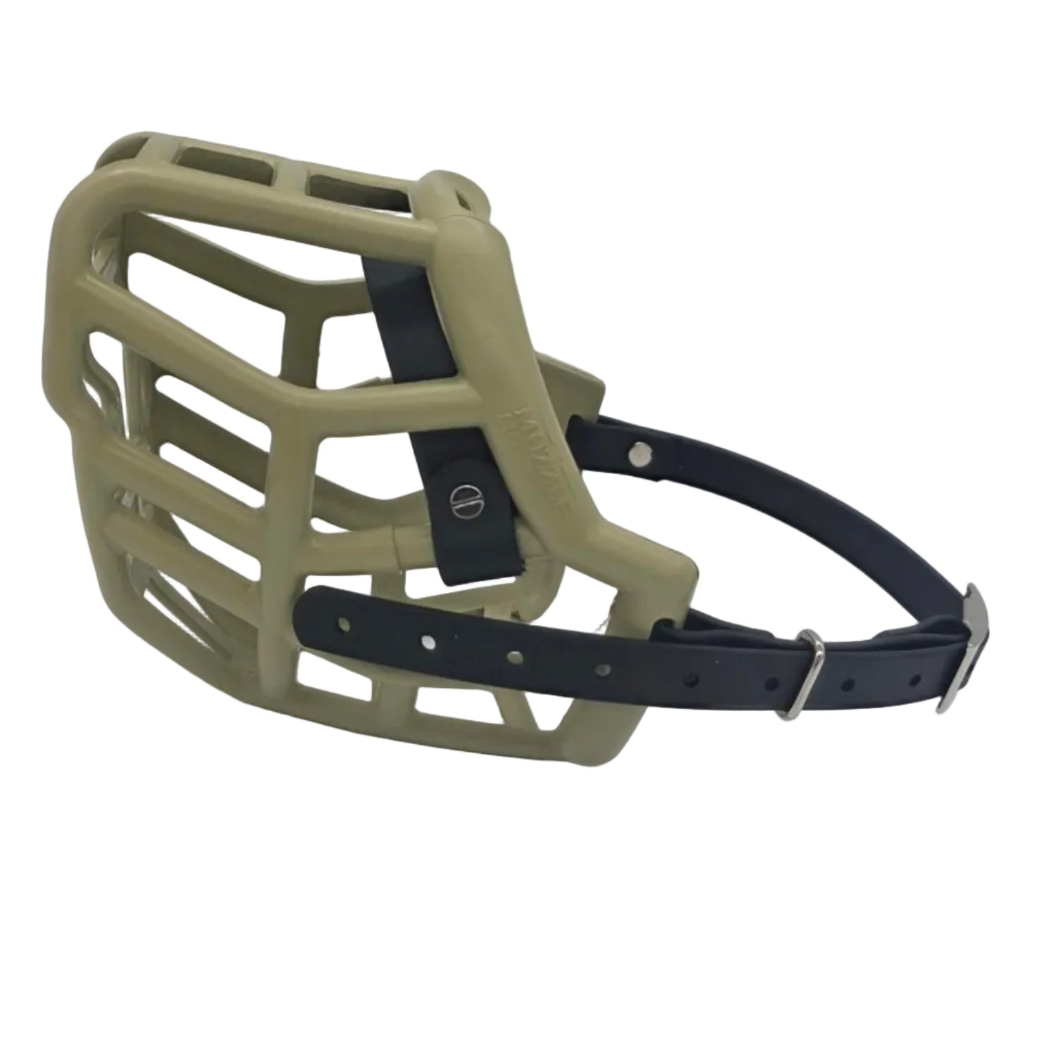 The Muzzle Movement khaki Tolly dog muzzle with black straps, nickle hardware and chicago screws on a white background