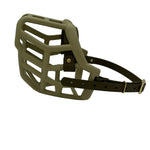 The Muzzle Movement khaki Tolly dog muzzle with military olive straps and brass hardware on a white background