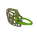 the muzzle movement khaki green rex dog muzzle with apple green straps and brass hardware on a white background