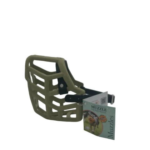The Muzzle Movement khaki rex dog muzzle black straps with nickle chicago straps on a whit background