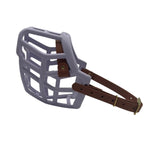 The Muzzle Movement lilac Neli dog muzzle with light brown straps and brass hardware on a white background