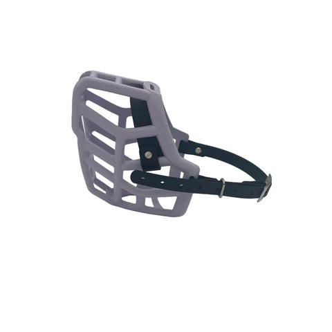 the muzzle movement lilac rex dog muzzle with black straps and nickle hardware with a white background