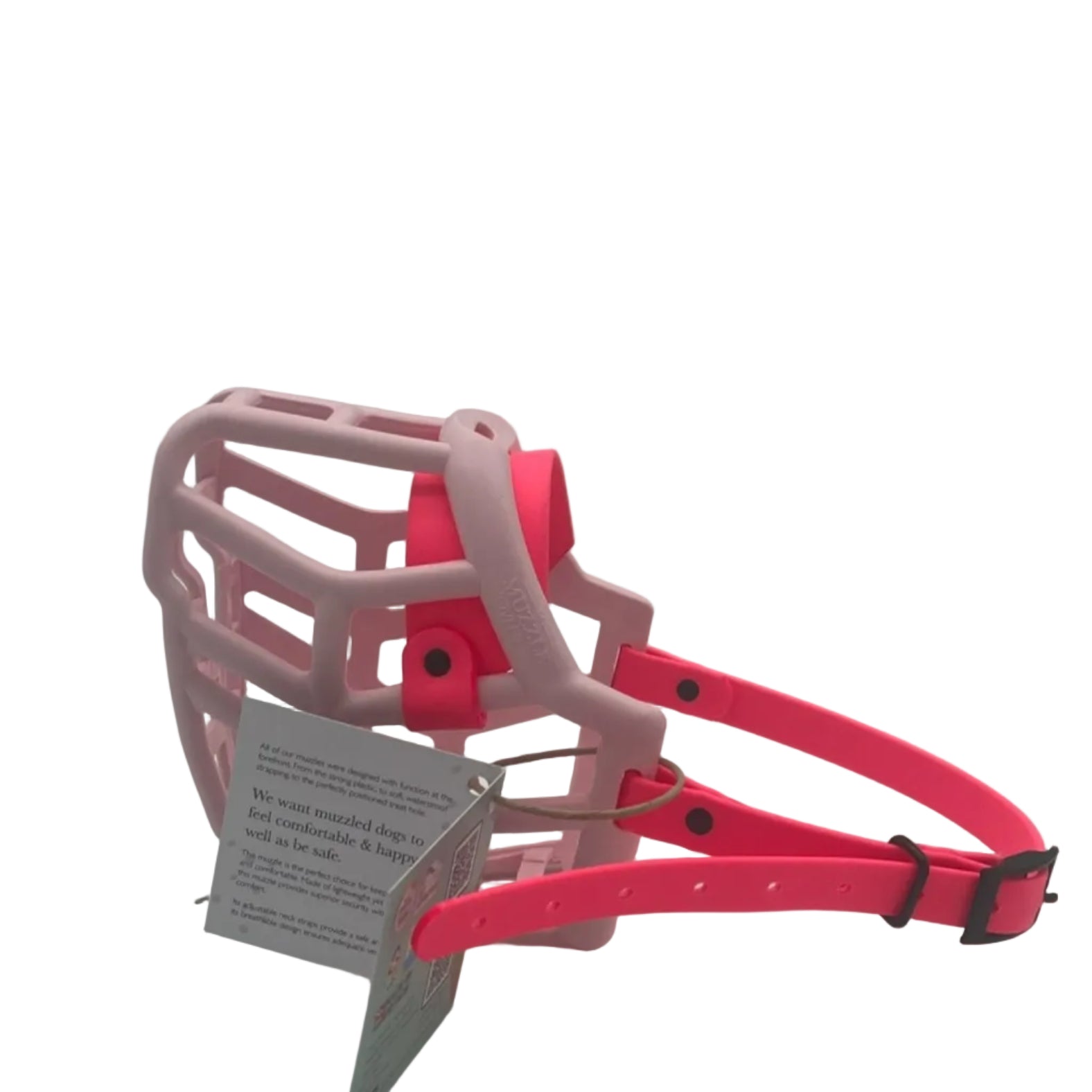 The Muzzle Movement pastel pink Neli* dog muzzle with neon pink straps and black hardware on a white background