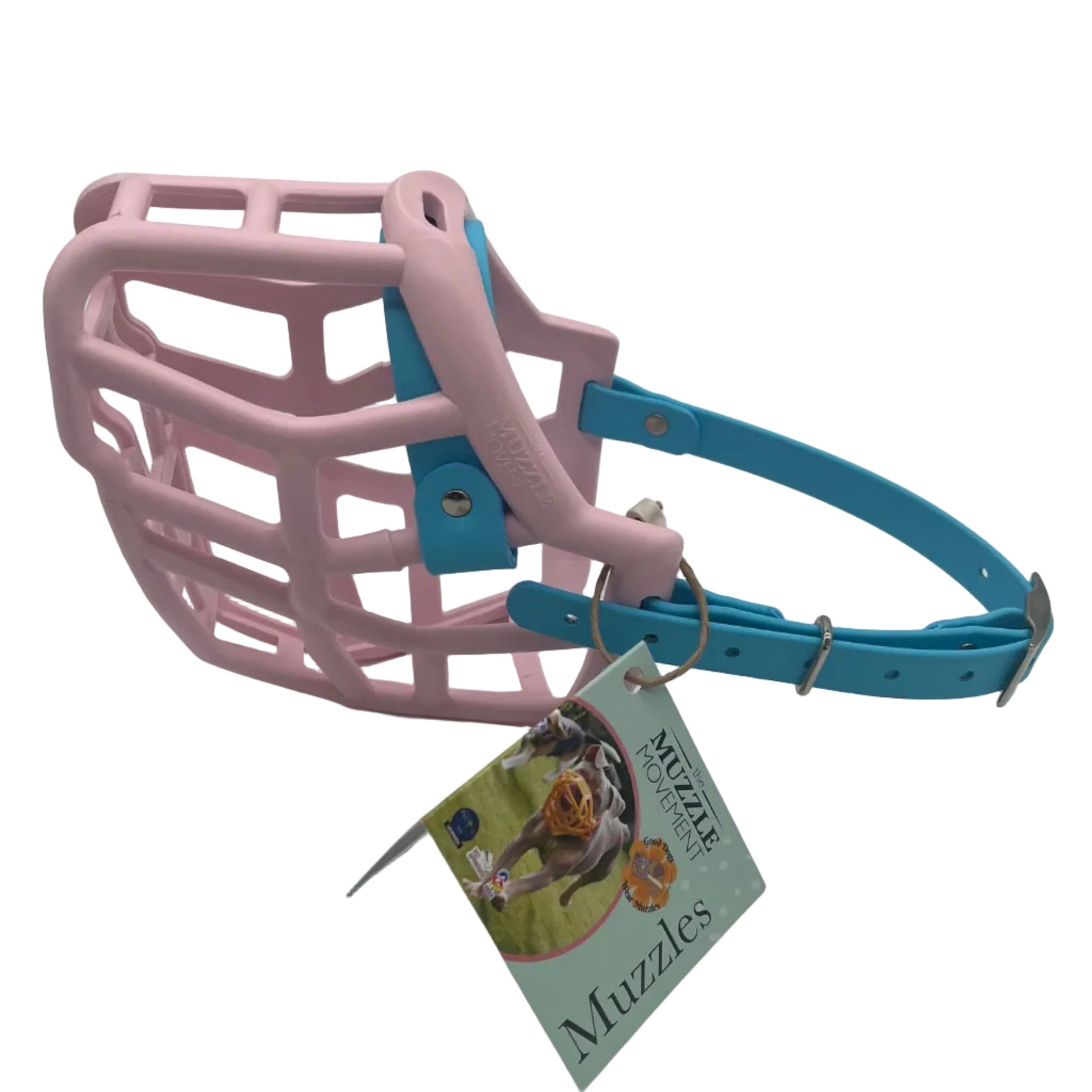 The Muzzle Movement pastel pink Neli dog muzzle with skyan blue straps and nickle hardware on a white background