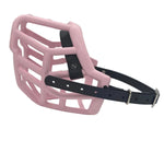The Muzzle Movement pastel pink Tolly with black straps, nickle hardware and chicago screws on a white background