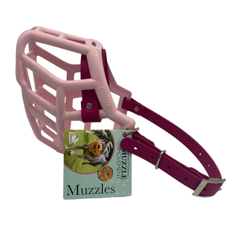 the muzzle movement pastel pink rex dog muzzle with magenta pink straps and nickle hardware on z white background