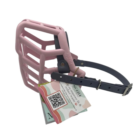 The Muzzle Movement pastel pink rex dog muzzle with grey straps and nickle hardware on a white background