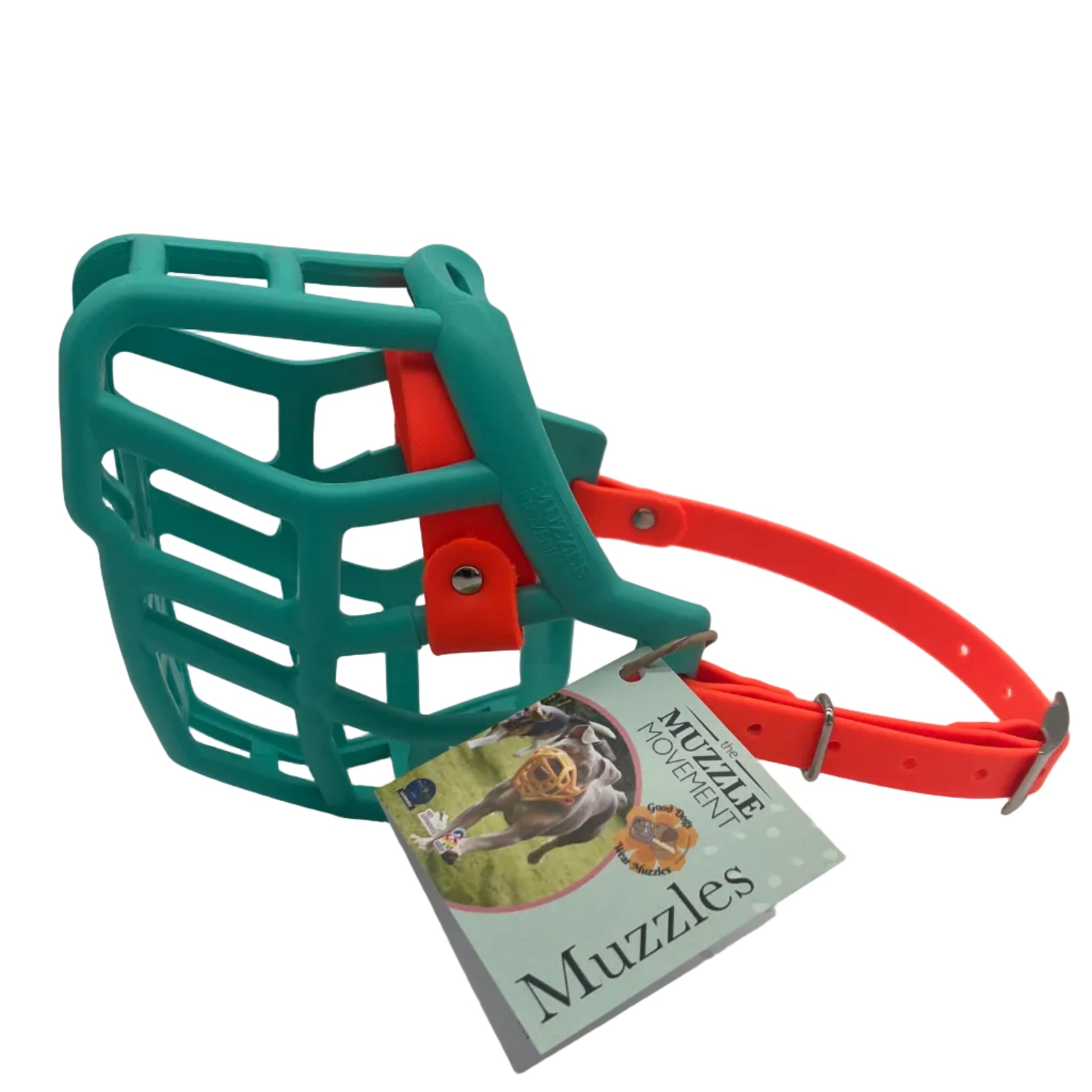The Muzzle Movement teal Neli dog muzzle with orange straps and nickle hardware on a white background