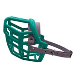 The Muzzle Movement teal Neli* dog muzzle with pastel purple straps and nickle hardware on a white background