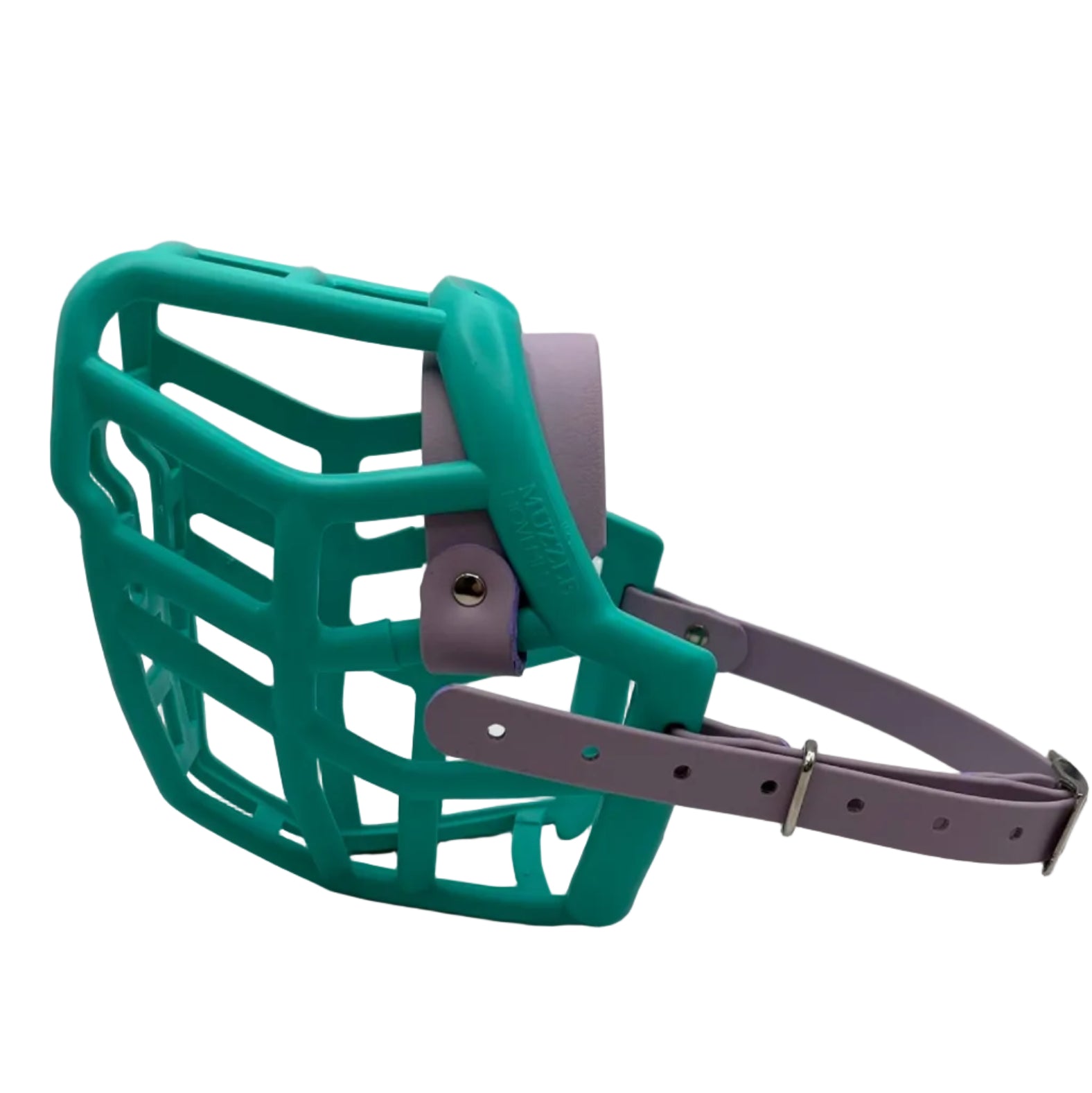 The Muzzle Movement teal Neli* dog muzzle with pastel purple straps and nickle hardware on a white background