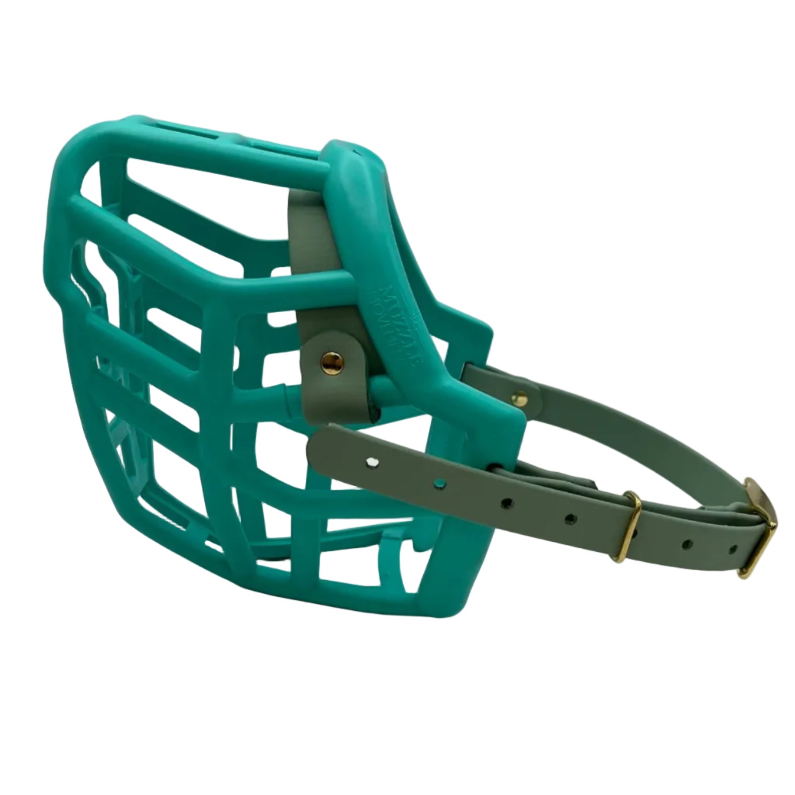 The Muzzle Movement teal Neli dog muzzle with sage green straps and brass hardware on a white background