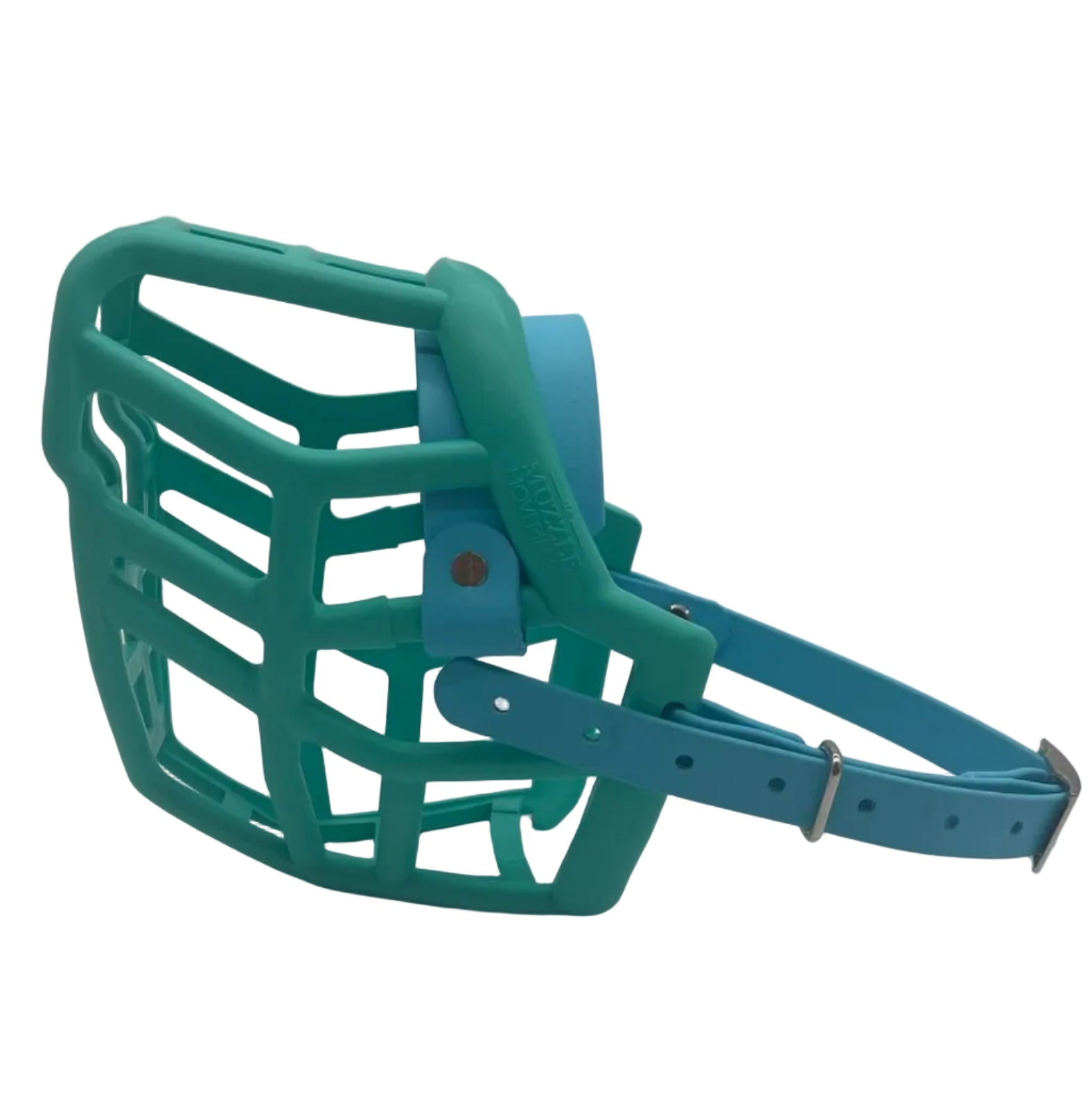 The Muzzle Movement teal Neli* dog  muzzle with skyan blue straps, nickle hardware and chicago screws on a white background