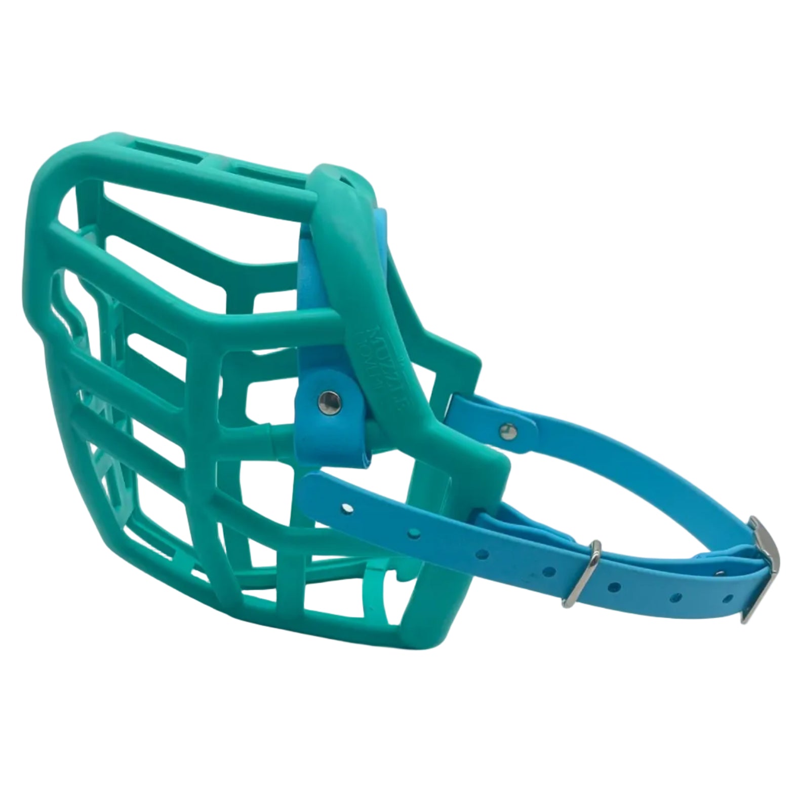 The Muzzle Movement teal Neli dog muzzle with skyan blue straps and nickle hardware on a white background