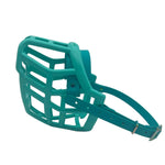 The Muzzle Movement teal Neli* dog muzzle with teal straps and neochrome hardware on a white background