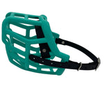 The Muzzle Movement teal Tolly dog muzzle with black straps, nickle hardware and chicago screws on a white background