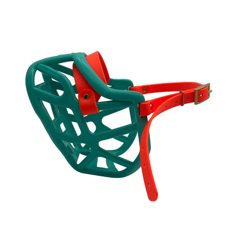 The Muzzle Movement teal harry* 2.0 dog muzzle with orange straps 