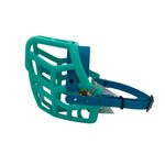 The Muzzle Movement teal rex* dog muzzle with lagune straps and black hardware on a white background