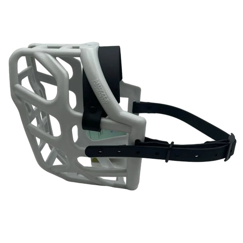The Muzzle movement Grey Taz* dog muzzle with black straps and black hardware on a white background