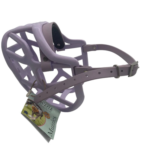 The muzzle movement Lilac Harry 2.0 with pastel purple straps, foam noseband and nickle hardware on a white background