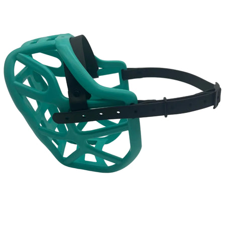 The muzzle movement Teal Harry 2.0 dog muzzle with black straps  and black hardware on a white background