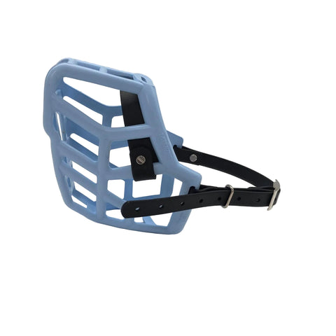 The Muzzle Movement Baby Blue dog muzzle with black straps on a White background