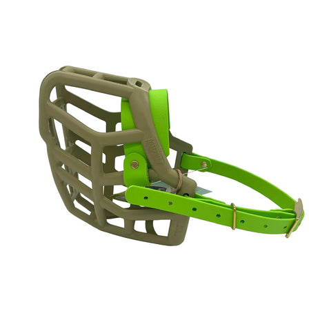 the muzzle movement khaki green rex* dog muzzle with apple green straps and brass hardware on a white background