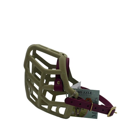 the muzzle movement khaki muzzle with wine straps with brass hardware on a white background
