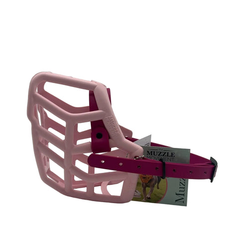 the muzzle movement pastel pink rex dog muzzle with magenta straps and black hardware on a white background