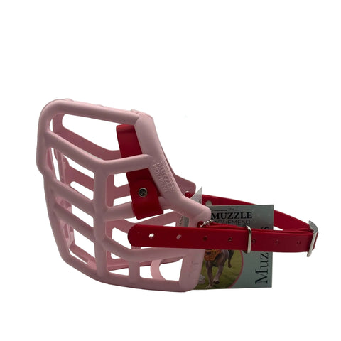 the muzzle movement pastel pink rex dog muzzle with red straps and nickle hardware on a white background