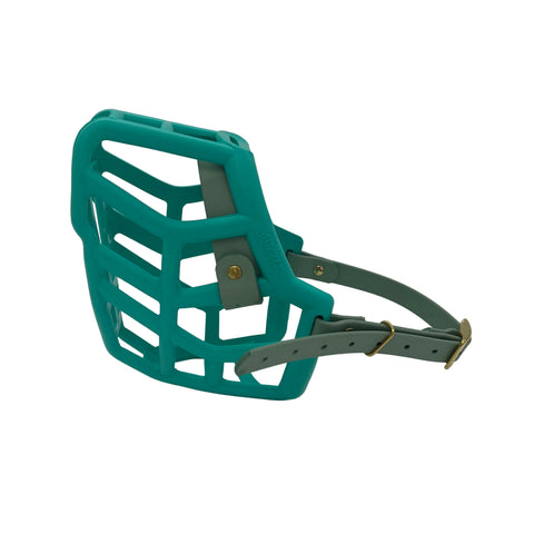 The Muzzle Movement teal rex muzzle with sage green straps and brass hardware on a white background 